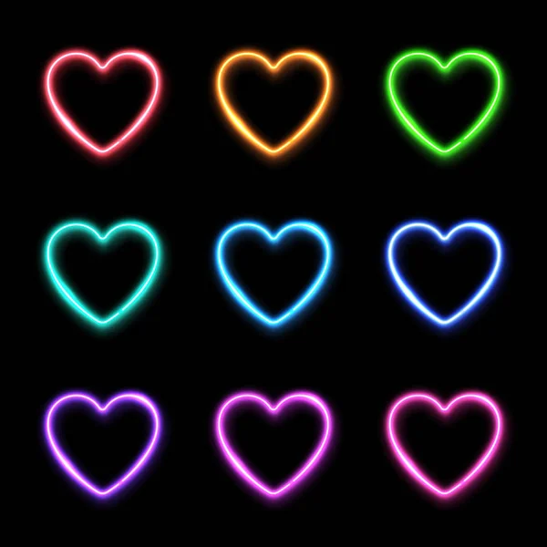 Neon light hearts set on dark background. Colorful techno led or halogen lamp wiring frame collection. Electric bright 3d sign for love romantic banner, flyer design. Technology 3d vector illustration — Stock Vector