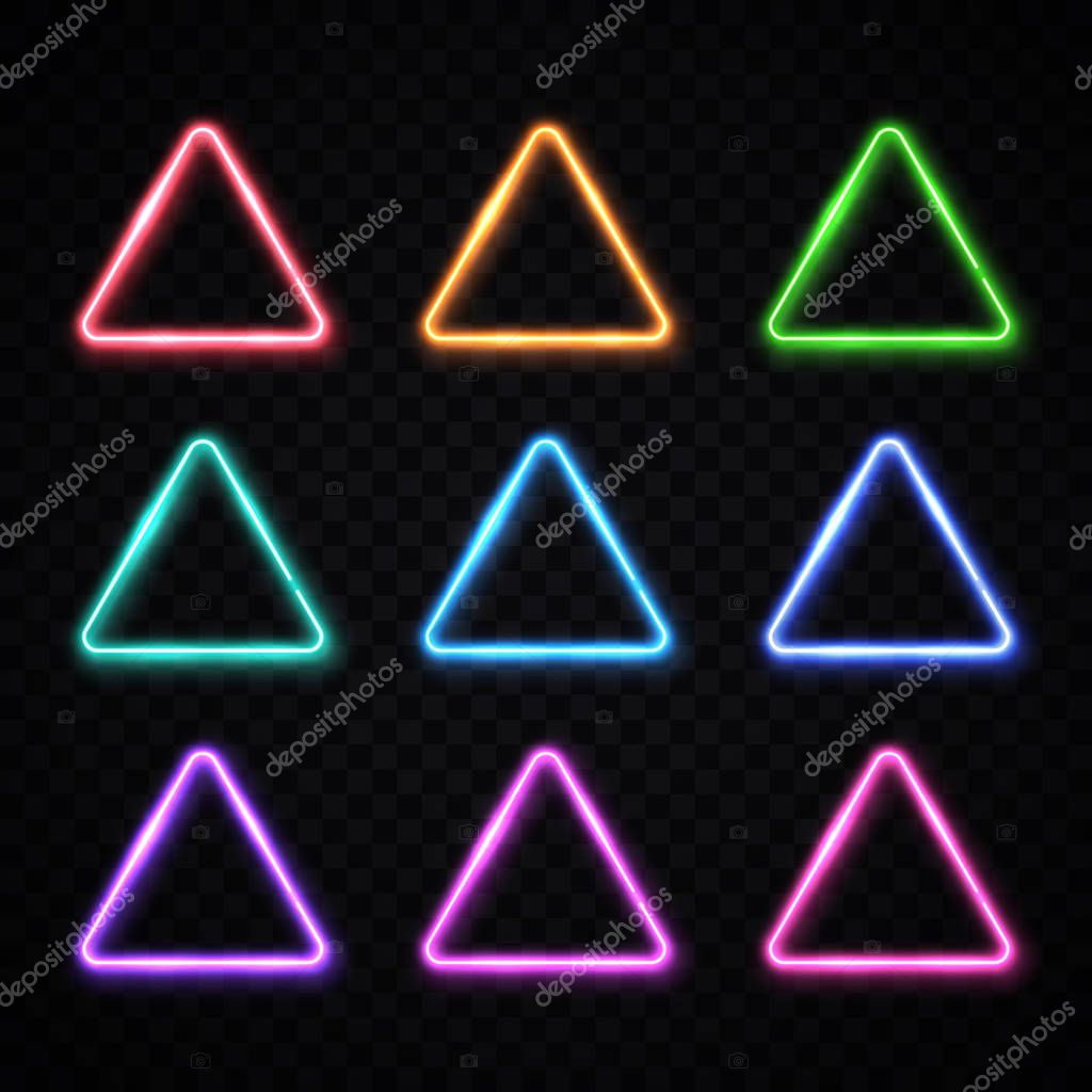 Neon light triangles set on transparent background. Color techno frame collection. Night club electric bright 3d sign. Banner design. Abstract led halogen lamp border. Technology vector illustration