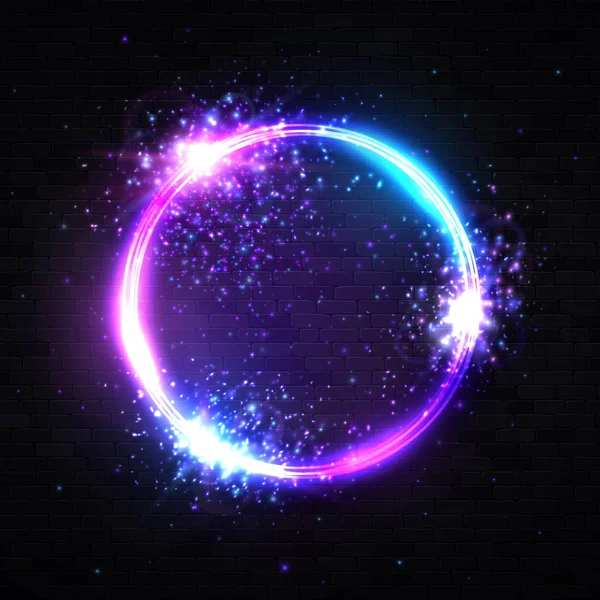 Neon ljus cirkel bakgrund med explosion partiklar glitter konfetti Star Spark. Elektrisk rund ram. Geometrisk form teknik design. Ljust upplyst vektor illustration. 80-tals stil tecken — Stock vektor