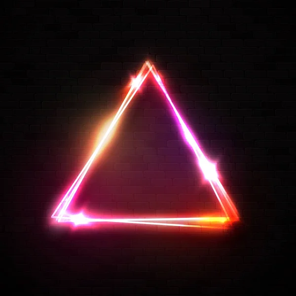 Red pink neon abstract triangle background. Glowing frame. Vintage electric sign. Burning symbol on black wall. Pointer to club, bar or cafe. Design element for ad, poster, banner. Vector illustration — Stock Vector