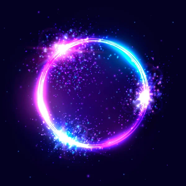 Vector Vibrant Neon Circle med glödande konfetti partiklar på Mörkblå bakgrund. Modern rund ram med text utrymme. Abstrakt ljus Neon loop. Färgglada reklam banner kort design illustration. — Stock vektor