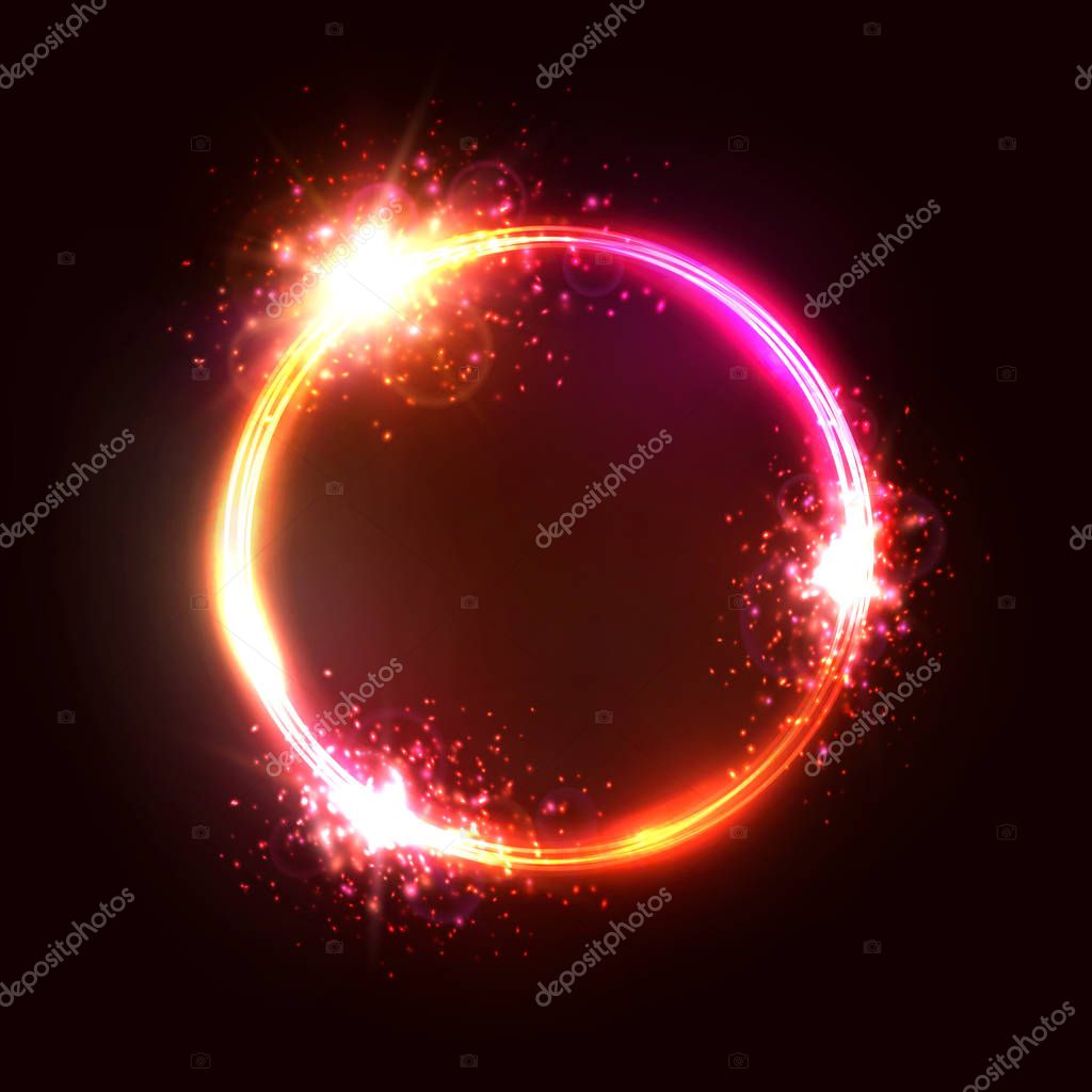 Creative vector illustration of neon light circle lamp sign. Art design element isolated on dark red background for rave night club casino banner logo. 3d abstract ring concept graphic. Electric frame