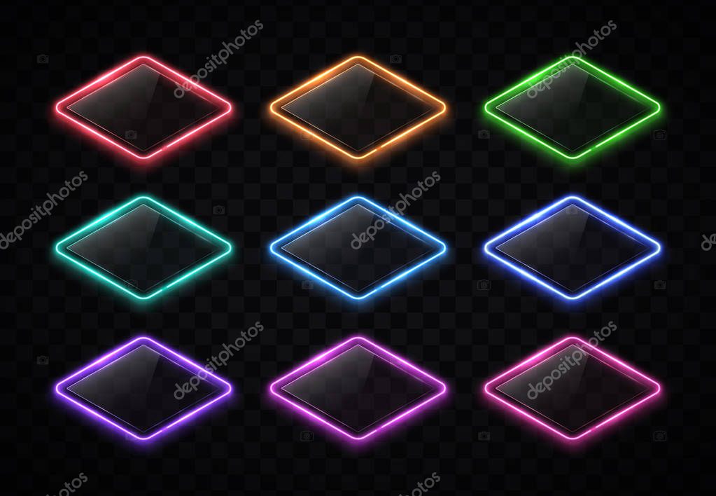 Color led lamp electric lozenge signs set with shiny plastic plate on transparent background. Night club rhombus. Retro neon light frame with glowing effect. 80s style techno brill vector illustration