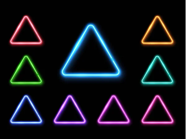 Conjunto de triângulo de néon abstrato vetorial. Fundo de efeito de luz. Lâmpada led decorativa brilhante forma geométrica luminosa. Tecnologia sinais de linha de halogéneo. Iluminando ilustração vetorial decorativa iluminante . — Vetor de Stock
