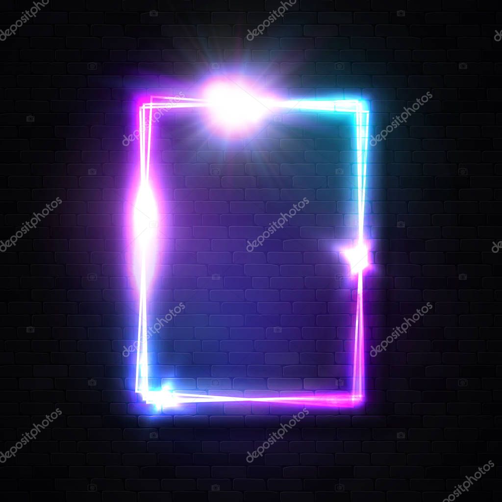 Vertical neon rectangle sign on black brick wall background. Glowing frame with shining star electric light flash sparkle. Design element for night club disco rave music bar. Laser vector illustration