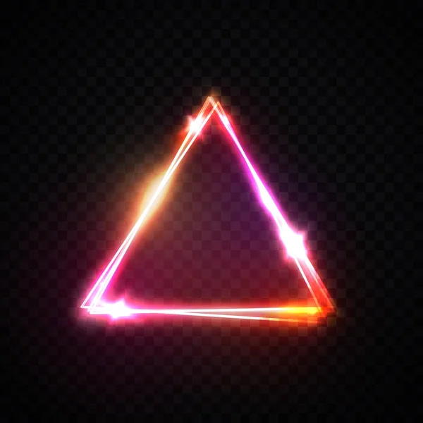 Háromszög neon jel átlátszó háttérben. Ragyogó rózsaszín piros sárga neon elektromos vezetékek határ csillag szikra hely szöveg. 3D 80-as stílusú keretben. Ragyogó színű design elem vektor illusztráció — Stock Vector