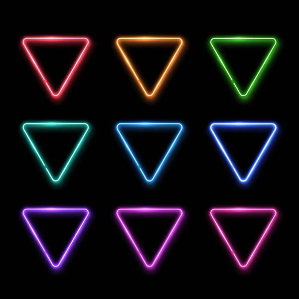 Neon abstract triangle. Colorful glowing frame set. Vintage electric symbol. Burning pointer collection on black background. Club bar cafe design element for ad sign poster banner. Vector illustration — Stock Vector