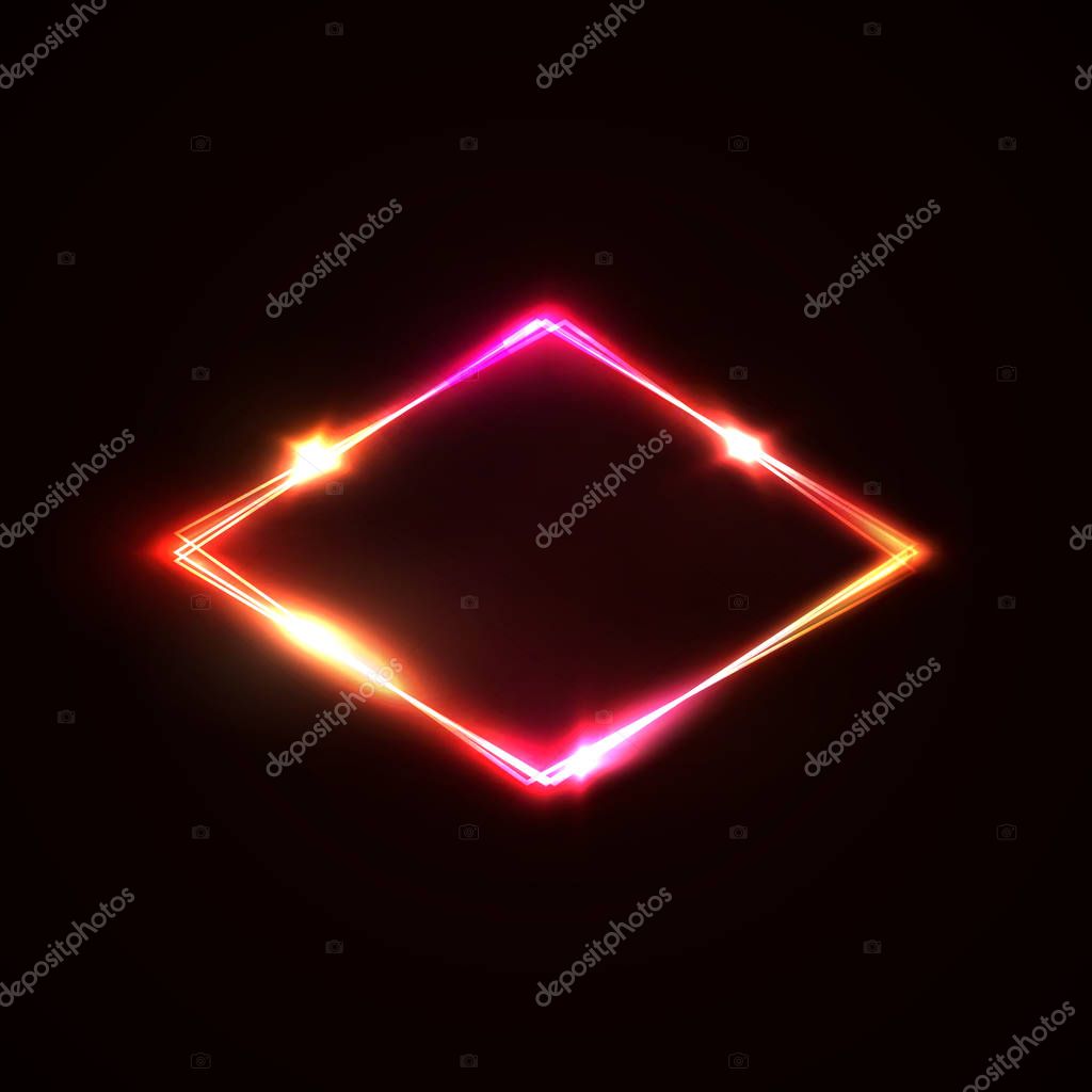 Neon light sign. Glowing laser rhomb on dark red background. Retro light lozenge signboard with neon effect. Techno logo. Brill frame. Electric street diamond. Color vector illustration in 80s style.