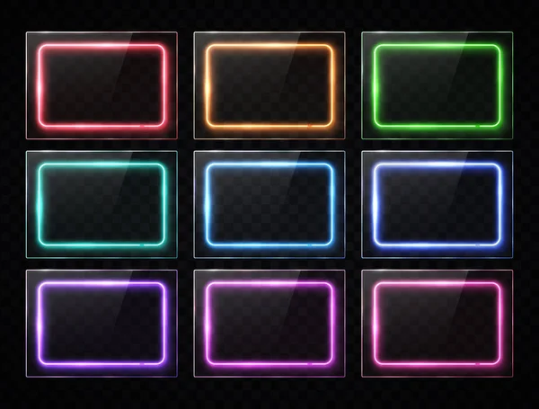 Colorful neon rectangle banners collection. Glowing square buttons set on transparent background. Shining electric led halogen lamp frame. Bright futuristic vector illustration for infographic design — Stock Vector