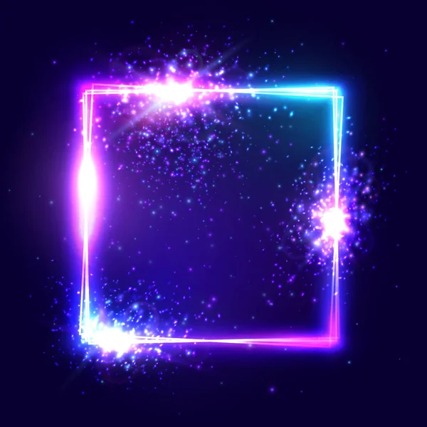 3d Leuchtreklame. geometrische quadratische Form Feier Hintergrund mit Licht Explosion Teilchen Sterne. farbenfroher realistischer, isolierter blauer Rahmen für Dekoration und Bezugsdesign. helle Vektorabbildung. — Stockvektor