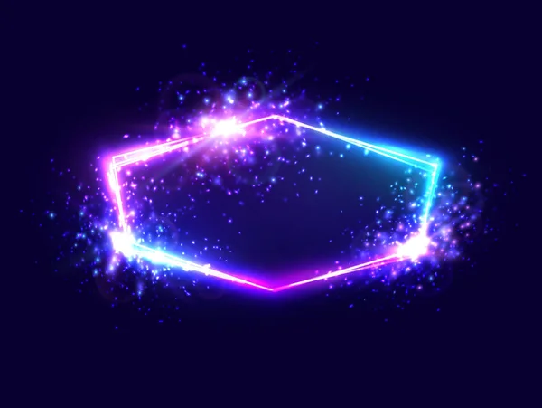 Celebration färgglada neonljus ram med Star explosion partiklar på Mörkblå bakgrund. Blå, rosa lila elektriska ledningar skylt med blank text utrymme. 3D Bright designelement vektor illustration. — Stock vektor