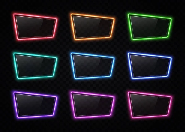 Panneau de cadre néon coloré sur fond transparent. Bordure de ligne halogène avec plaque en plastique brillant. Modèle d'élément de conception de lampe LED pour affiche de flyer de bannière de bouton Web. Illustration vectorielle lumineuse . — Image vectorielle