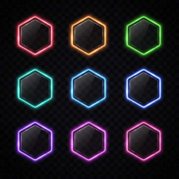 Cadre hexagonal néon moderne sur fond transparent. Boutons web couleur avec plaque plastique éblouissante. Infographie internet flyer banner geometric shape design. Illustration vectorielle de signe lumineux de lampe menée — Image vectorielle