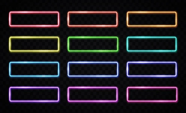 Quadros de luz de néon colorido definido no fundo transparente. Vermelho, verde, azul, rosa amarelo quadro retângulo roxo. Cor botões de luz quadrada para web design de internet. Formas geométricas ilustração vetorial — Vetor de Stock