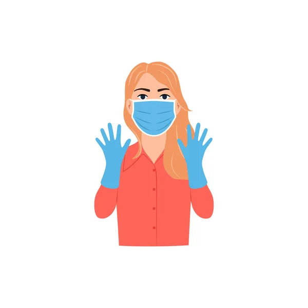 Wanita muda wajah dengan masker medis, sarung tangan di tangan. Virus flu penyakit coronavirus konsep perlindungan bakteri. Ikon pencegahan epidemi penerbang keamanan. Gadis bergambar masker bedah. - Stok Vektor