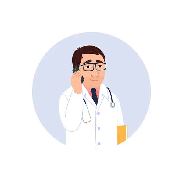 Icono de círculo de consulta médica de teléfono móvil. Concepto de telemedicina. El médico caucásico masculino prescribe tratamiento. Terapeuta usando smartphone para llamar al paciente. Servicio de atención médica vector ilustración . — Vector de stock