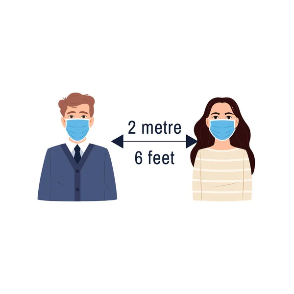社会的距離アイコン。平らな人の女の子と男性の肖像外科用フェイスマスクを着用し、距離を保つ2メートル6フィート.健康保護の概念。伝染病の予防。医用ベクターイラスト — ストックベクタ