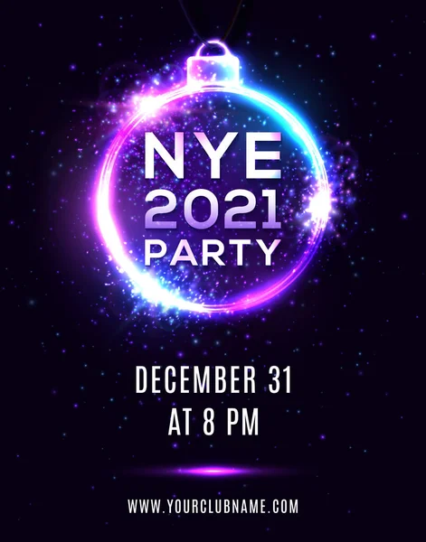 Szilveszter 2021 party poszter sötétkék háttérrel. NYE gyönyörű ünnep banner, lógó Xmas labda alakú elektromos kör keret. Disco éjszakai szórólap meghívó design sablon vektor illusztráció. — Stock Vector