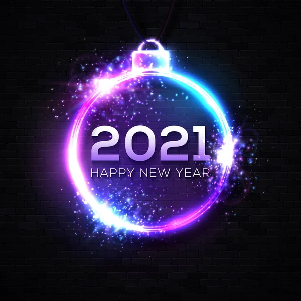 2021 Újévi neon jel sötétkék tégla háttér. Karácsonyi labda dekoráció kör cső keret izzó fény ünneplő szöveg Boldog új évet. Parti banner design. Fényes vektor illusztráció. — Stock Vector