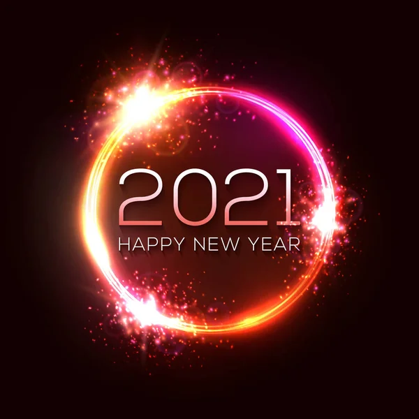 Happy New Year 2021 Circle Neon Sign Dark Red Celebration — Stock Vector