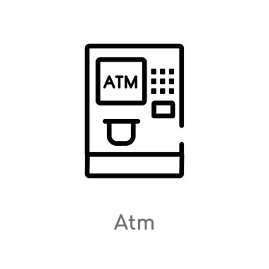 Anahat ATM vektör simgesi. basit izole çizgi eleman siyah illüstrasyon ödeme kavramı. Beyaz arka planda düzenlenebilir vektör kontur ATM simgesi