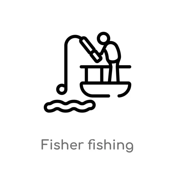 アウトラインフィッシャー釣りベクトルアイコン スポーツのコンセプトから孤立した黒シンプルなライン要素のイラスト 白い背景に編集可能なベクトルストロークフィッシャー釣りアイコン — ストックベクタ