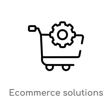 Anahat e-ticaret çözümleri vektör simgesi. Genel-1 kavramı izole siyah basit çizgi eleman illüstrasyon. Beyaz arka planda düzenlenebilir vektör kontur e-ticaret çözümleri simgesi