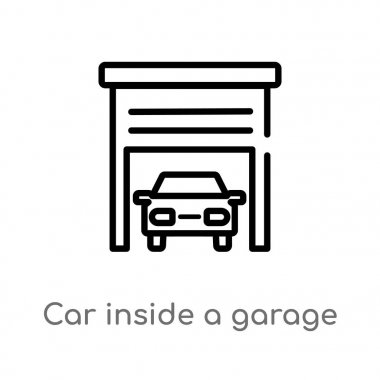 Garaj vektör simgesi içinde anahat araba. Basit hat eleman illüstrasyon izole mekanik kavramı. Beyaz arka planda bir garaj simgesi içinde düzenlenebilir vektör kontur araba