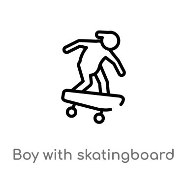 skatingboard vektör simgesi ile anahat çocuk. sade izole hat eleman vektör spor kavramı. Beyaz arka planda skatingboard simgesi ile düzenlenebilir vektör inme çocuk