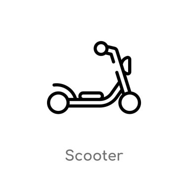 anahat scooter vektör simgesi. teslim ve lojistik kavramından izole siyah basit çizgi elemanı illüstrasyon. beyaz arka plan üzerinde değiştirilebilir vektör kontur scooter simgesi