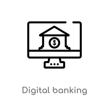 Anahat dijital bankacılık vektör simgesi. Genel-1 kavramı izole siyah basit çizgi eleman illüstrasyon. Beyaz arka planda düzenlenebilir vektör kontur dijital bankacılık simgesi