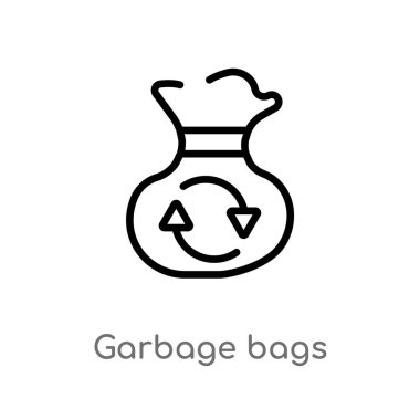 Anahat çöp torbaları vektör simgesi. Mobilya ve ev kavramı izole siyah basit hat eleman illüstrasyon. Beyaz arka planda düzenlenebilir vektör kontur çöp torbaları simgesi