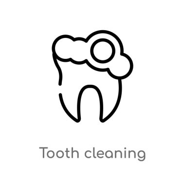 diş temizleme vektör simgesini anahat. diş hekimi kavramından izole siyah basit çizgi elemanı illüstrasyon. beyaz arka plan üzerinde değiştirilebilir vektör kontur diş temizleme simgesi