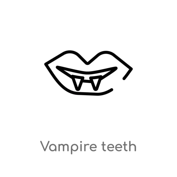 アウトライン吸血鬼歯ベクトルアイコン ハロウィンのコンセプトから孤立した黒シンプルなライン要素のイラスト 白の背景に編集可能なベクトルストローク吸血鬼の歯のアイコン — ストックベクタ