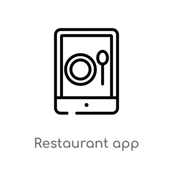 概述餐厅应用矢量图标 从计算机概念中分离出黑色简单线元素插图 白色背景上的可编辑矢量描边餐厅应用图标 — 图库矢量图片