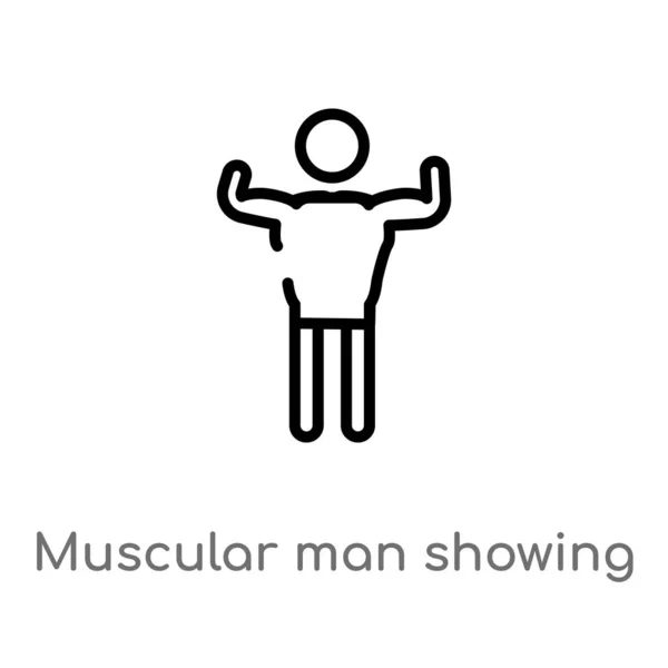 輪郭筋肉男は彼の筋肉ベクトルアイコンを示しています 人の概念から孤立した黒シンプルなライン要素のイラスト 編集可能なベクトルストローク白い上に彼の筋肉のアイコンを示す筋肉の男 — ストックベクタ