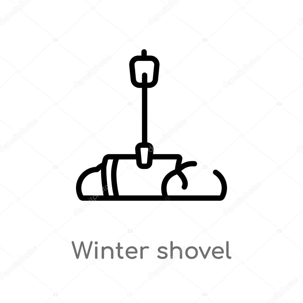 Outline winter shovel vector icon. isolated black simple line element illustration from winter concept. editable vector stroke winter shovel icon on white background