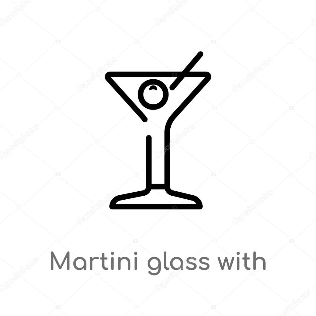 Outline martini glass with olive vector icon. isolated black simple line element illustration from party concept. editable vector stroke martini glass with olive icon on white background