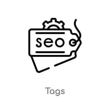 Anahat etiketleri vektör simgesi. arama motoru optimizasyonu kavramı izole siyah basit hat eleman illüstrasyon. Beyaz arka planda düzenlenebilir vektör kontur etiketleri simgesi