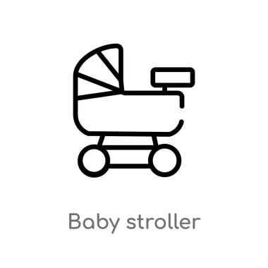 Anahat bebek arabası vektör simgesi. Çocuk ve bebek kavramı izole siyah basit hat eleman illüstrasyon. Beyaz arka planda düzenlenebilir vektör kontur bebek arabası simgesi