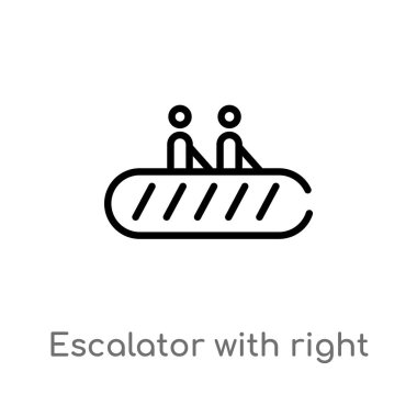 sağ ok vektör simgesi ile anahat yürüyen merdiven. havaalanı terminal konseptinden izole siyah basit çizgi elemanı illüstrasyon. beyaz üzerinde sağ ok simgesi ile düzeltilebilir vektör kontur yürüyen merdiven