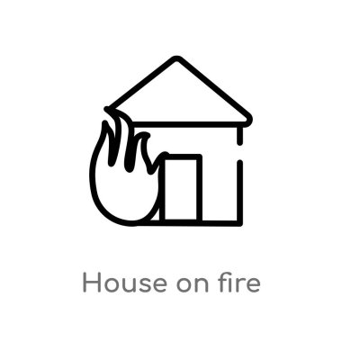 Yangın vektör simgesi üzerinde anahat ev. Basit hat eleman illüstrasyon izole Meteoroloji kavramı siyah. Beyaz arka planda yangın simgesine düzenlenebilir vektör kontur ev