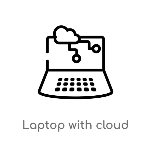 Umriss Laptop Mit Cloud Daten Vektor Symbol Vereinzelte Darstellung Schwarzer — Stockvektor