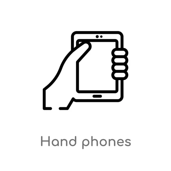 輪郭の手の携帯電話のベクトルアイコン ツールや調理器具のコンセプトから分離された黒のシンプルなライン要素のイラスト 白い背景に編集可能なベクトルストローク手の携帯電話のアイコン — ストックベクタ