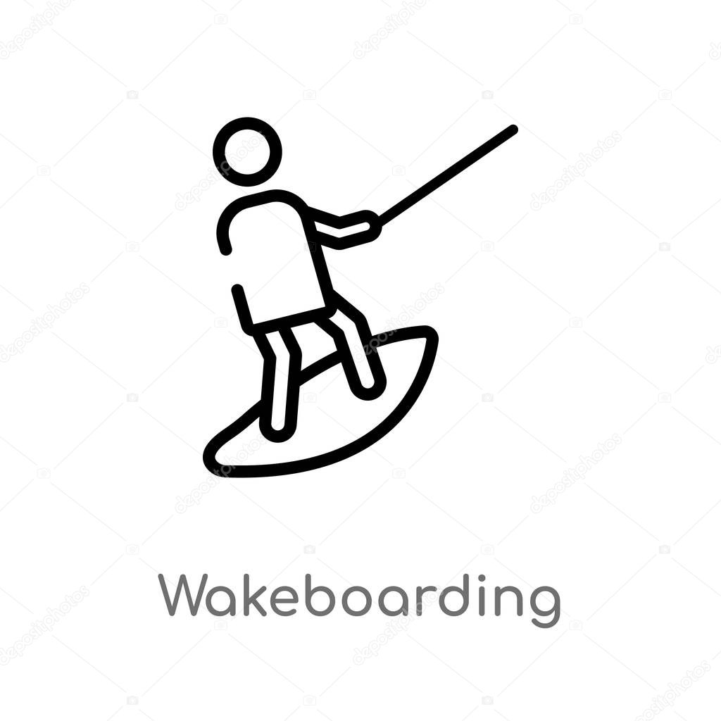 Outline wakeboarding vector icon. isolated black simple line element illustration from free time concept. editable vector stroke wakeboarding icon on white background