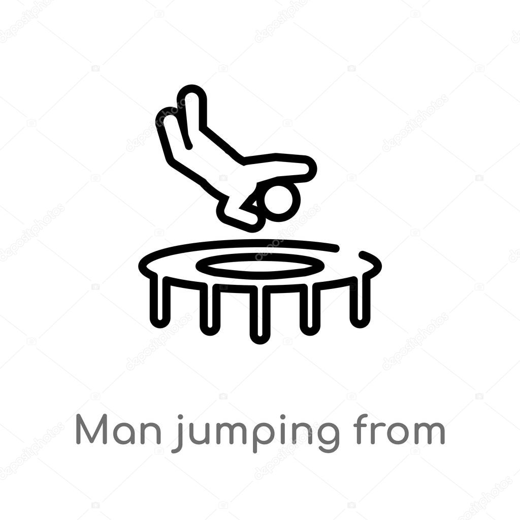 Outline man jumping from a trampoline vector icon. isolated black simple line element illustration from sports concept. editable vector stroke man jumping from a trampoline icon on white background