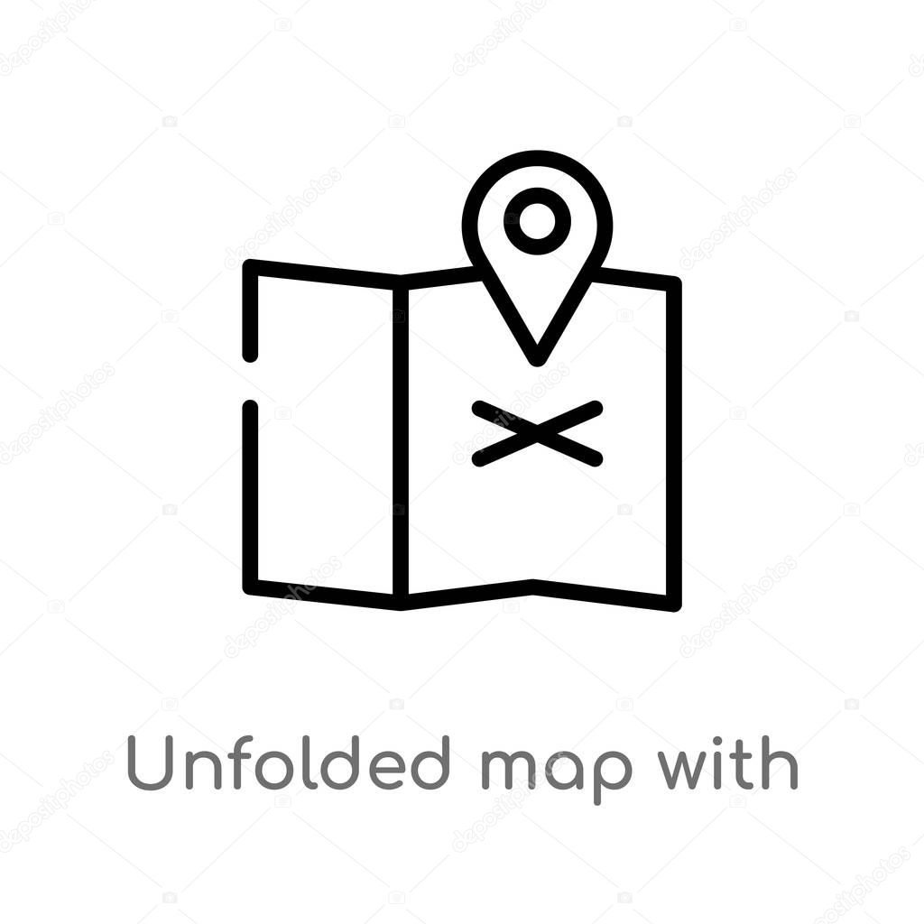 outline unfolded map with location mark vector icon. isolated black simple line element illustration from travel concept. editable vector stroke unfolded map with location mark icon on white