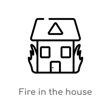 ev vektör simgesinde anahat yangın. binalar kavramından izole siyah basit çizgi elemanı illüstrasyon. beyaz arka plan üzerinde ev simgesinde editable vektör vuruş yangın