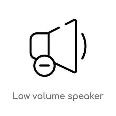 Anahat düşük hacim hoparlör vektör simgesi. Basit hat eleman illüstrasyon izole müzik ve medya kavramı siyah. Beyaz arka planda düzenlenebilir vektör kontur düşük hacim hoparlör simgesi