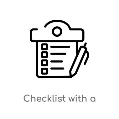 bir kalem vektör simgesi ile anahat kontrol listesi. izole basit hat eleman illüstrasyon siyasi kavramı. Beyaz arka planda bir kalem simgesiyle düzenlenebilir vektör kontur kontrol listesi